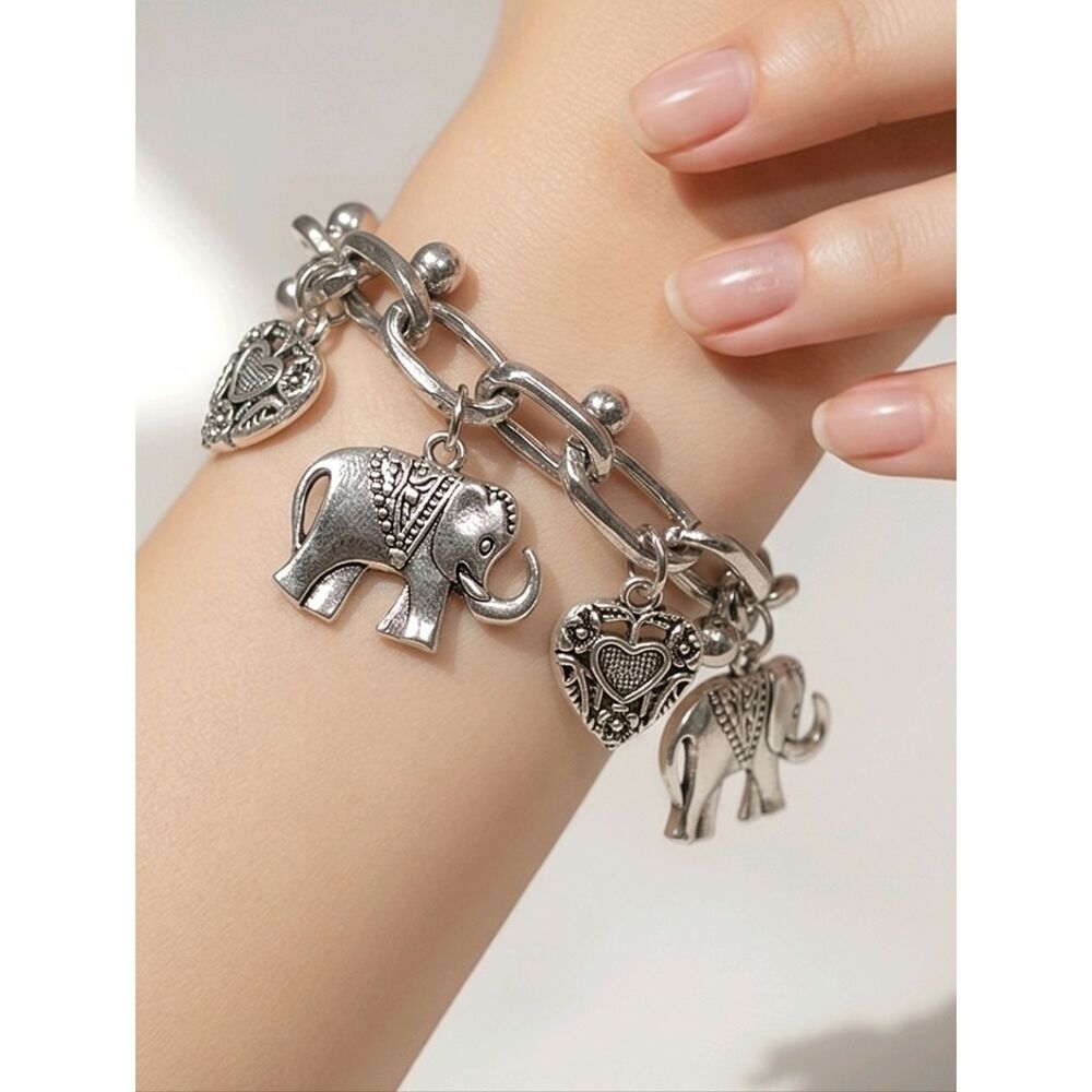 Elephant Charm Bracelet Silver Lucky Boho Heart Chain Adjustable Layering Gift